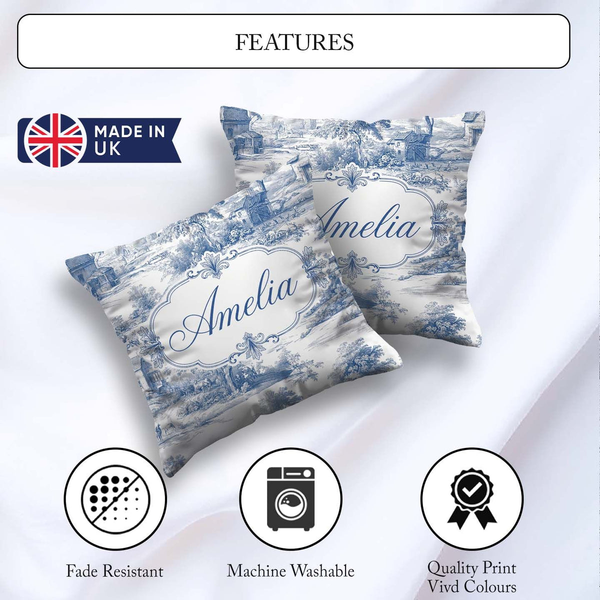 Custom Name Toile Rural Landscape Farm Scene Blue White Seamless Square Filled Cushion Throw Pillow Sofa Bed Home Decor Zip Washable UK Made