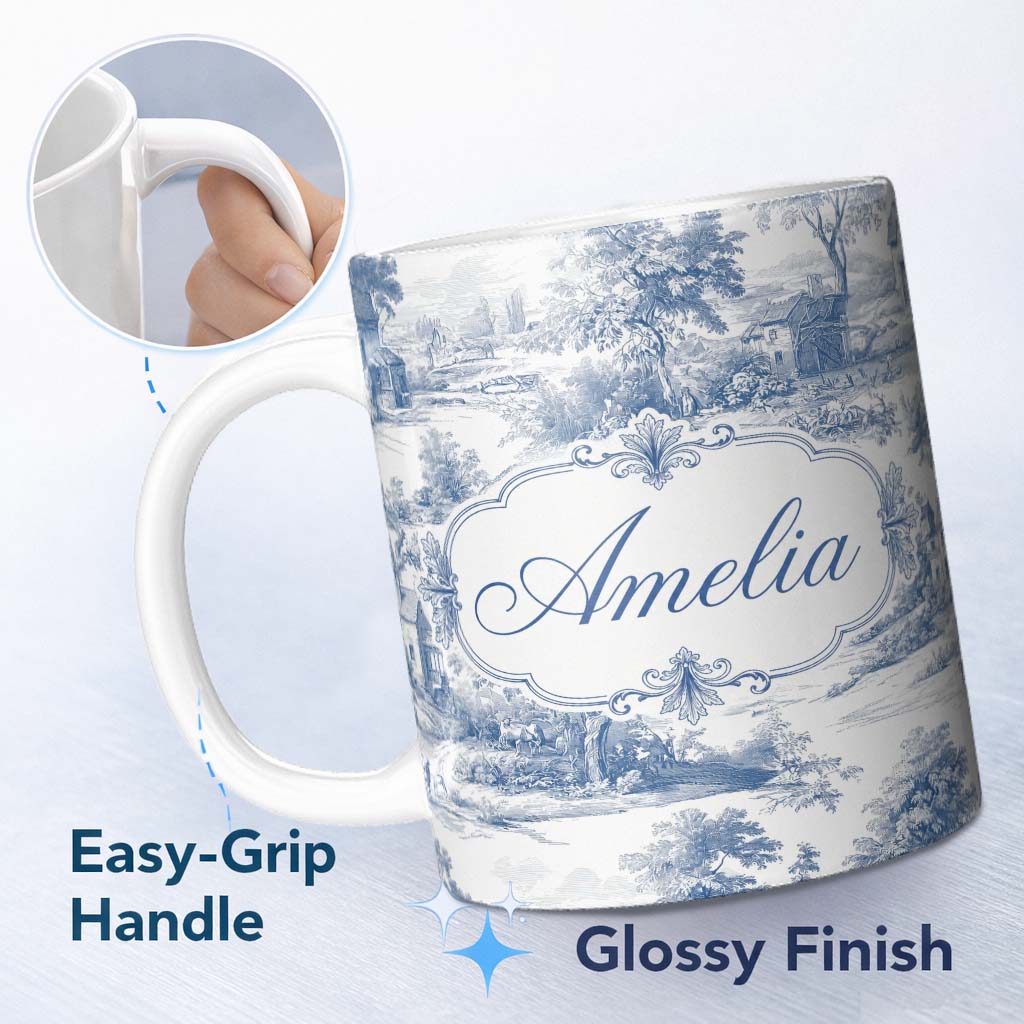 Personalized Custom Name Vintage Toile Rural Landscape Farm Scene Blue White Seamless 11oz Ceramic Coffee Tea Mug White Large Handle