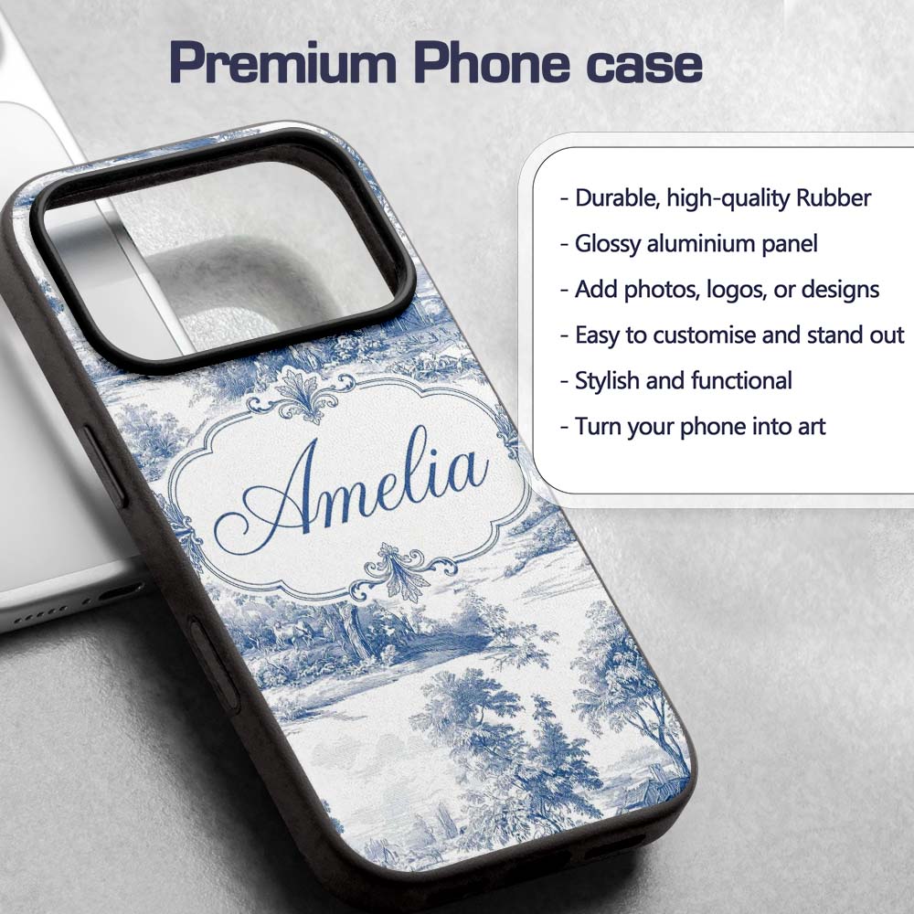 Vintage Toile Rural Landscape Farm Scene Blue Custom Name Protective Phone Case Mobile Cover Durable Everyday Smartphone Shock Resistant