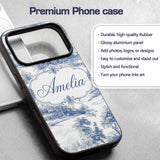 Vintage Toile Rural Landscape Farm Scene Blue Custom Name Protective Phone Case Mobile Cover Durable Everyday Smartphone Shock Resistant
