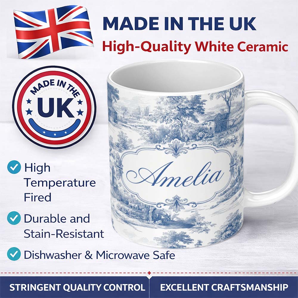 Personalized Custom Name Vintage Toile Rural Landscape Farm Scene Blue White Seamless 11oz Ceramic Coffee Tea Mug White Large Handle