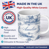 Personalized Custom Name Vintage Toile Rural Landscape Farm Scene Blue White Seamless 11oz Ceramic Coffee Tea Mug White Large Handle