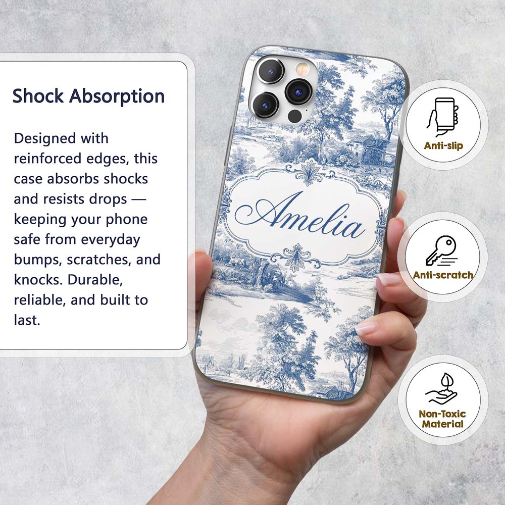 Vintage Toile Rural Landscape Farm Scene Blue Custom Name Protective Phone Case Mobile Cover Durable Everyday Smartphone Shock Resistant
