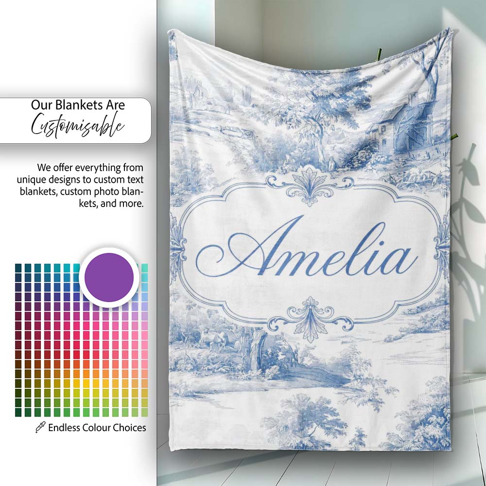 Vintage Toile Rural Landscape Farm Scene Blue White Seamless  Personalised Custom Name Super Soft Fleece Blanket Bed Sofa Throw