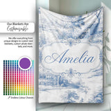 Vintage Toile Rural Landscape Farm Scene Blue White Seamless  Personalised Custom Name Super Soft Fleece Blanket Bed Sofa Throw