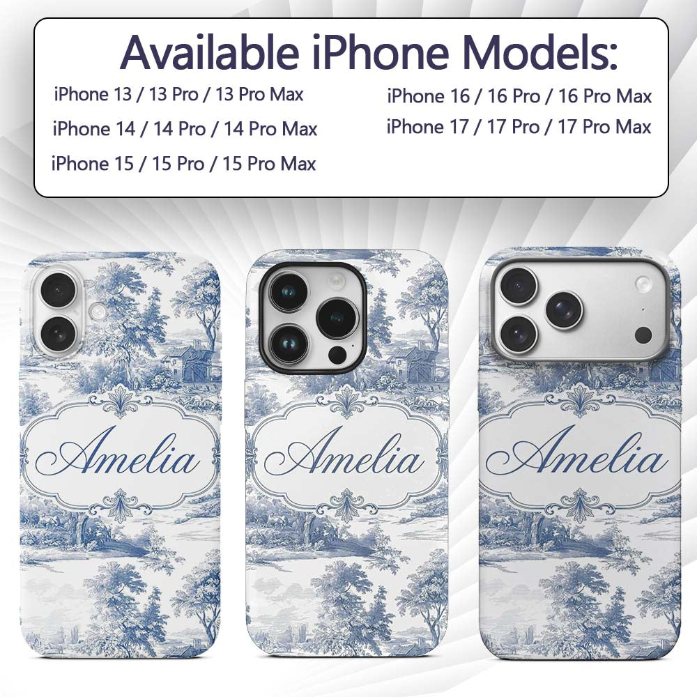 Vintage Toile Rural Landscape Farm Scene Blue Custom Name Protective Phone Case Mobile Cover Durable Everyday Smartphone Shock Resistant