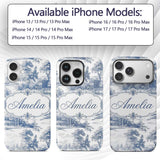 Vintage Toile Rural Landscape Farm Scene Blue Custom Name Protective Phone Case Mobile Cover Durable Everyday Smartphone Shock Resistant