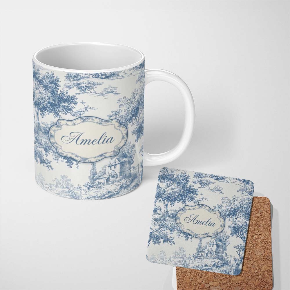 Personalized Custom Name Vintage Toile Scenic Countryside Trees Village Blue White Seamless 11oz Ceramic Coffee Tea Mug White Large Handle