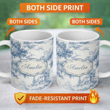 Personalized Custom Name Vintage Toile Scenic Countryside Trees Village Blue White Seamless 11oz Ceramic Coffee Tea Mug White Large Handle