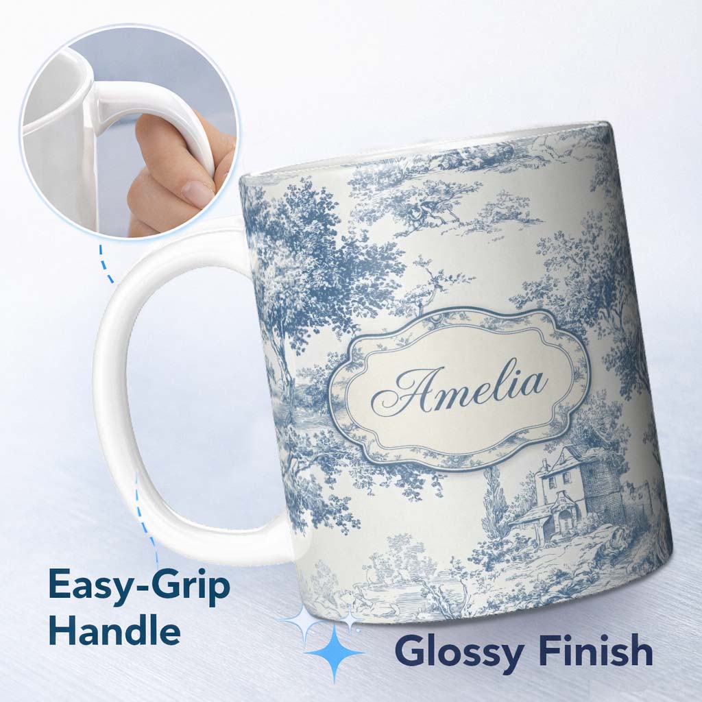 Personalized Custom Name Vintage Toile Scenic Countryside Trees Village Blue White Seamless 11oz Ceramic Coffee Tea Mug White Large Handle
