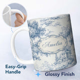 Personalized Custom Name Vintage Toile Scenic Countryside Trees Village Blue White Seamless 11oz Ceramic Coffee Tea Mug White Large Handle