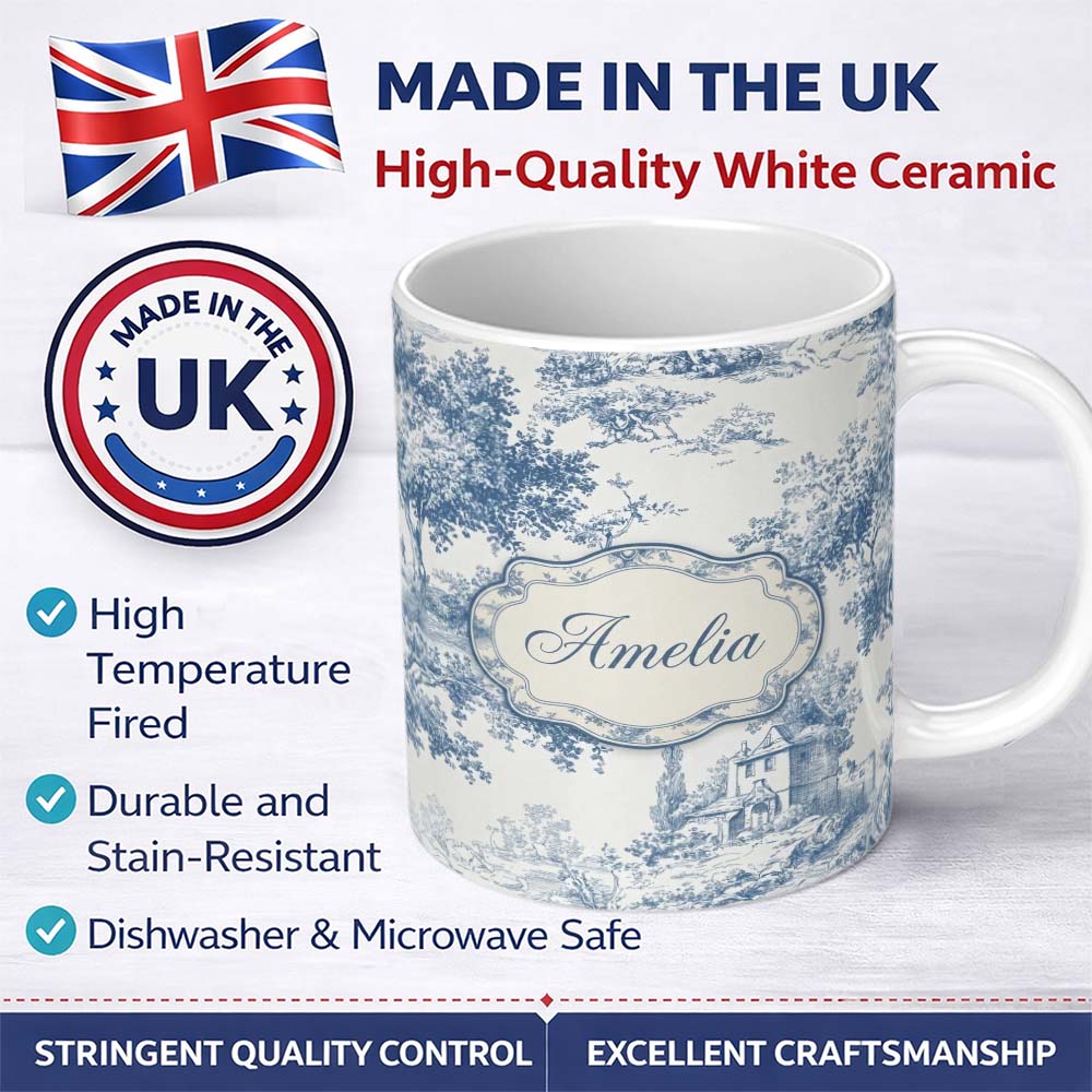 Personalized Custom Name Vintage Toile Scenic Countryside Trees Village Blue White Seamless 11oz Ceramic Coffee Tea Mug White Large Handle