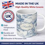 Personalized Custom Name Vintage Toile Scenic Countryside Trees Village Blue White Seamless 11oz Ceramic Coffee Tea Mug White Large Handle