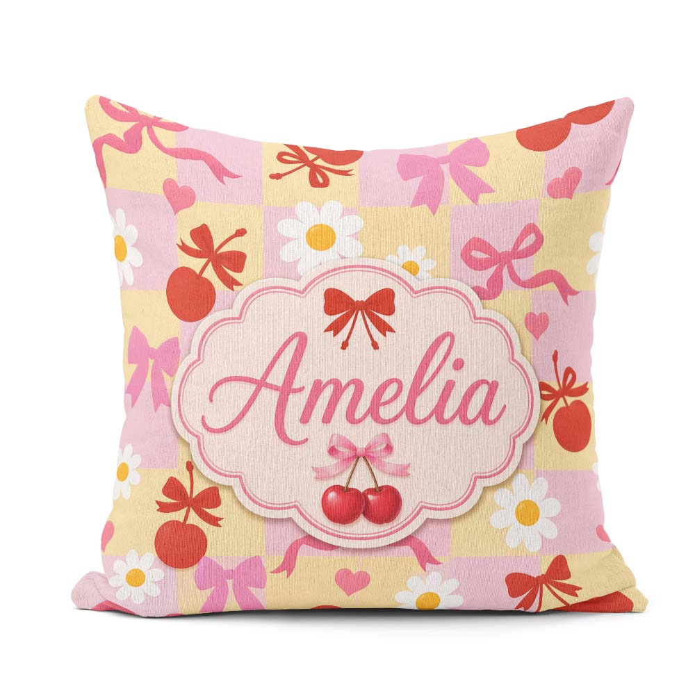Custom Name Cherry Bow Daisy Heart on Pink and Yellow Background Square Filled Cushion Throw Pillow Sofa Bed Home Decor Zip Washable UK Made
