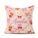 Custom Name Cherry Bow Daisy Heart on Pink and Yellow Background Square Filled Cushion Throw Pillow Sofa Bed Home Decor Zip Washable UK Made