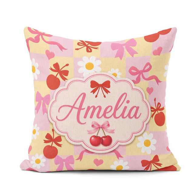 Custom Name Cherry Bow Daisy Heart on Pink and Yellow Background Square Filled Cushion Throw Pillow Sofa Bed Home Decor Zip Washable UK Made