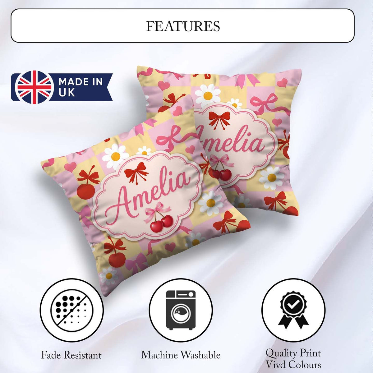 Custom Name Cherry Bow Daisy Heart on Pink and Yellow Background Square Filled Cushion Throw Pillow Sofa Bed Home Decor Zip Washable UK Made