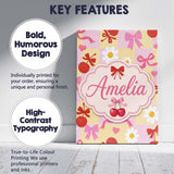 Personalised Name Cute Cherry Bow Daisy Heart on Pink and Yellow Custom  Interior Canvas Wall Art Print Decor Picture Ready to Hang