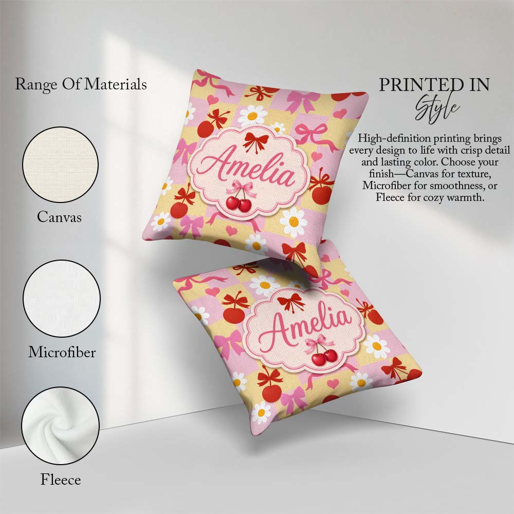 Custom Name Cherry Bow Daisy Heart on Pink and Yellow Background Square Filled Cushion Throw Pillow Sofa Bed Home Decor Zip Washable UK Made