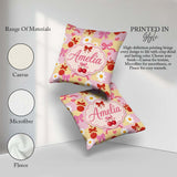 Custom Name Cherry Bow Daisy Heart on Pink and Yellow Background Square Filled Cushion Throw Pillow Sofa Bed Home Decor Zip Washable UK Made