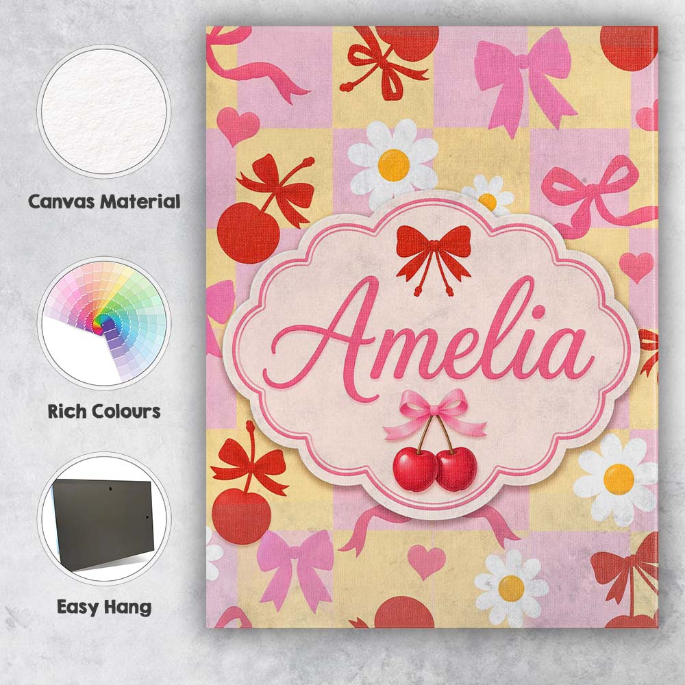 Personalised Name Cute Cherry Bow Daisy Heart on Pink and Yellow Custom  Interior Canvas Wall Art Print Decor Picture Ready to Hang