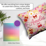 Custom Name Cherry Bow Daisy Heart on Pink and Yellow Background Square Filled Cushion Throw Pillow Sofa Bed Home Decor Zip Washable UK Made