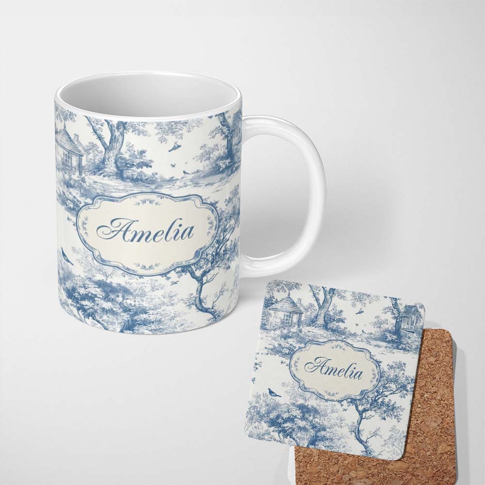 Personalized Custom Name Vintage Toile Birds Nature Countryside Scene Blue White Seamless 11oz Ceramic Coffee Tea Mug White Large Handle