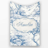 Vintage Toile Birds Nature Countryside Scene Blue White Seamless  Personalised Custom Name Super Soft Fleece Blanket Bed Sofa Throw