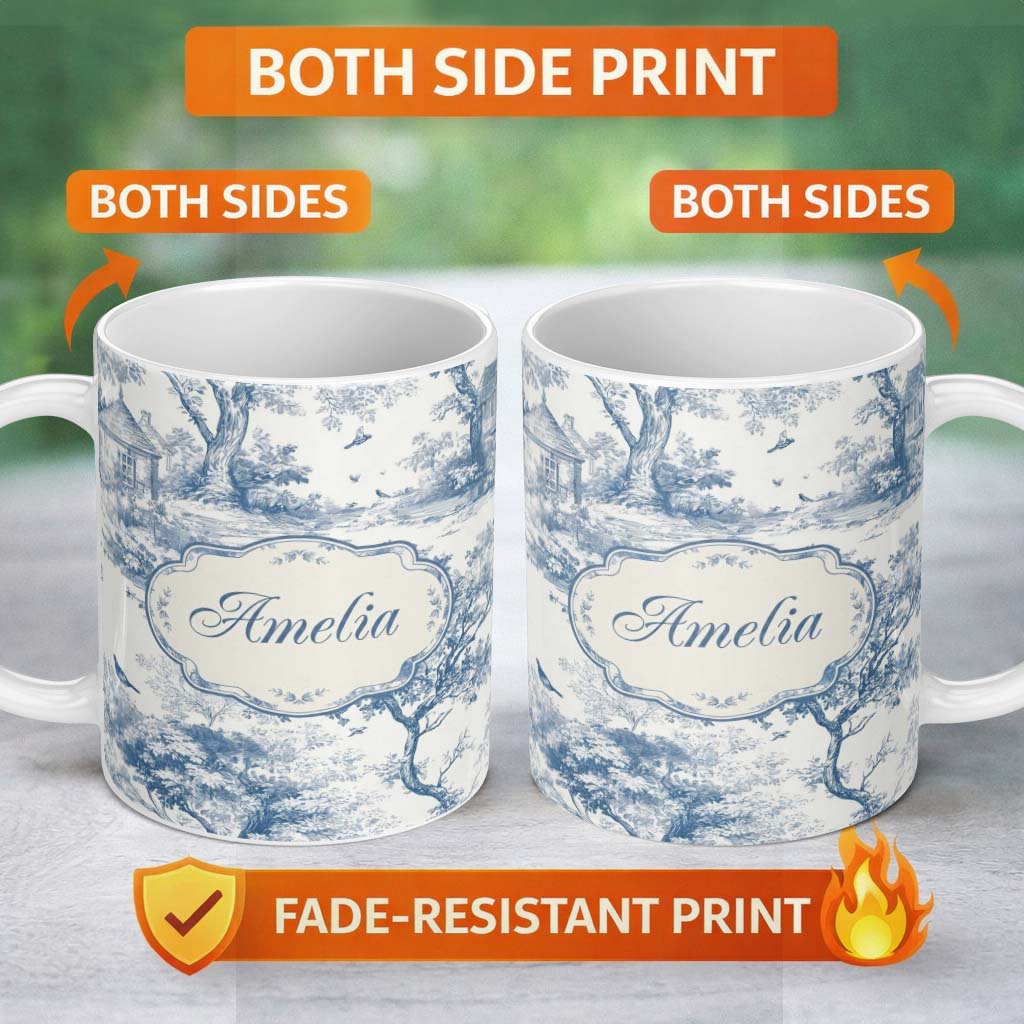 Personalized Custom Name Vintage Toile Birds Nature Countryside Scene Blue White Seamless 11oz Ceramic Coffee Tea Mug White Large Handle