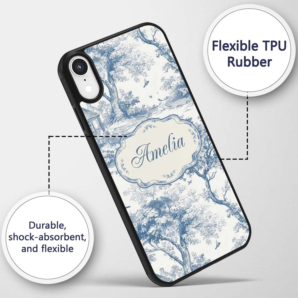 Vintage Toile Birds Nature Countryside Scene Blue Custom Name Protective Phone Case Mobile Cover Durable Everyday Smartphone Shock Resistant