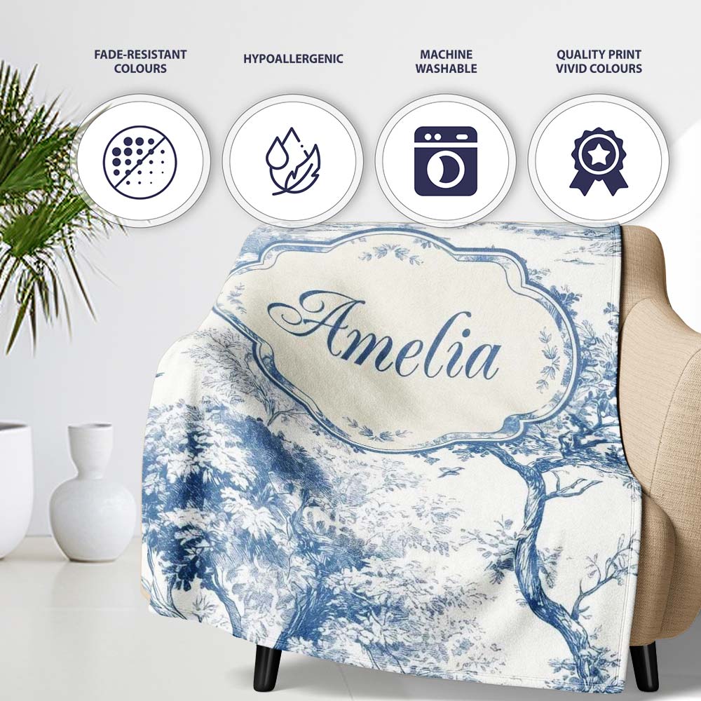 Vintage Toile Birds Nature Countryside Scene Blue White Seamless  Personalised Custom Name Super Soft Fleece Blanket Bed Sofa Throw
