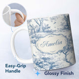 Personalized Custom Name Vintage Toile Birds Nature Countryside Scene Blue White Seamless 11oz Ceramic Coffee Tea Mug White Large Handle