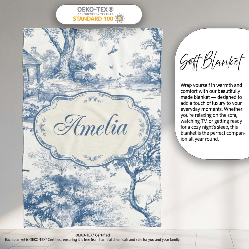 Vintage Toile Birds Nature Countryside Scene Blue White Seamless  Personalised Custom Name Super Soft Fleece Blanket Bed Sofa Throw