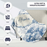 Vintage Toile Birds Nature Countryside Scene Blue White Seamless  Personalised Custom Name Super Soft Fleece Blanket Bed Sofa Throw