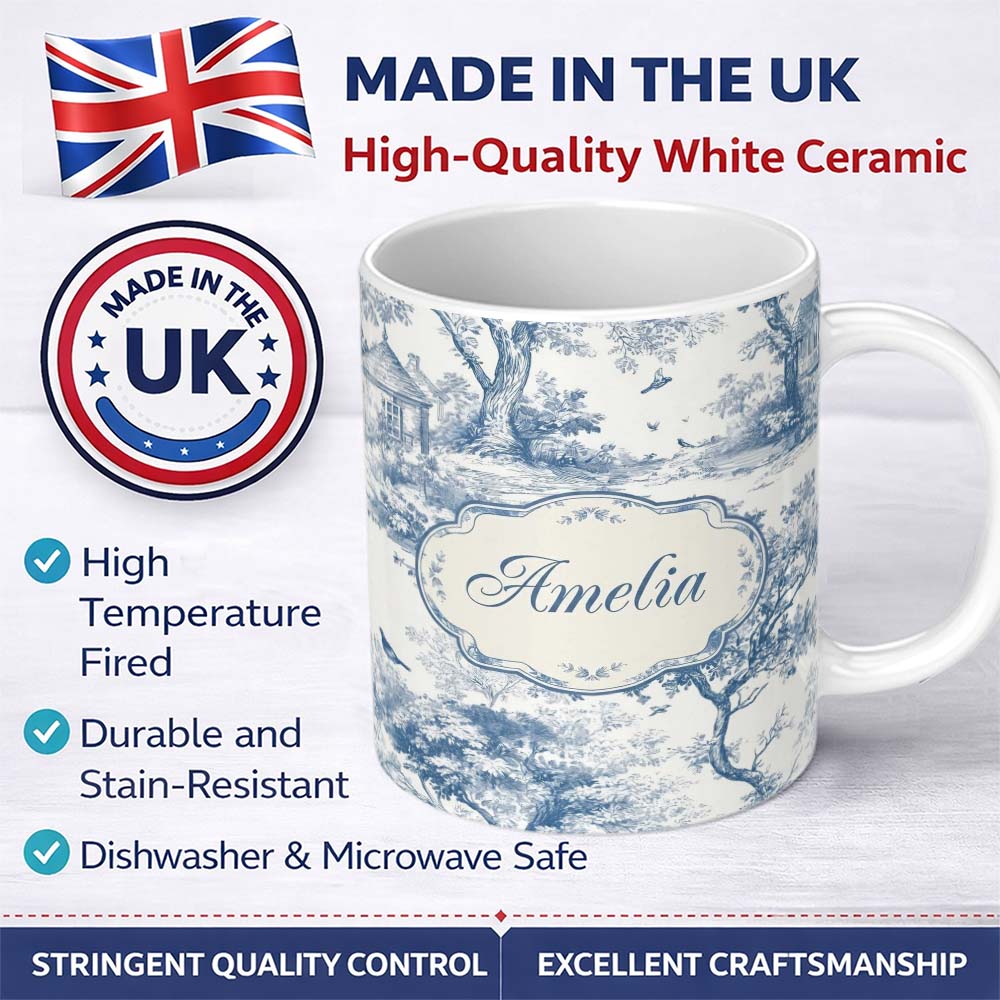 Personalized Custom Name Vintage Toile Birds Nature Countryside Scene Blue White Seamless 11oz Ceramic Coffee Tea Mug White Large Handle