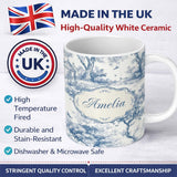 Personalized Custom Name Vintage Toile Birds Nature Countryside Scene Blue White Seamless 11oz Ceramic Coffee Tea Mug White Large Handle