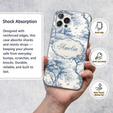 Vintage Toile Birds Nature Countryside Scene Blue Custom Name Protective Phone Case Mobile Cover Durable Everyday Smartphone Shock Resistant