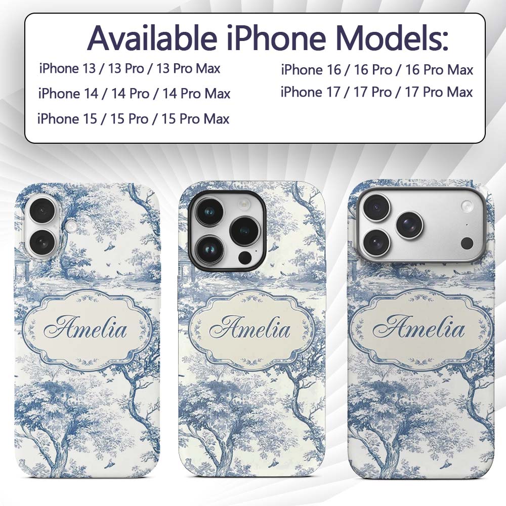 Vintage Toile Birds Nature Countryside Scene Blue Custom Name Protective Phone Case Mobile Cover Durable Everyday Smartphone Shock Resistant
