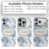 Vintage Toile Birds Nature Countryside Scene Blue Custom Name Protective Phone Case Mobile Cover Durable Everyday Smartphone Shock Resistant