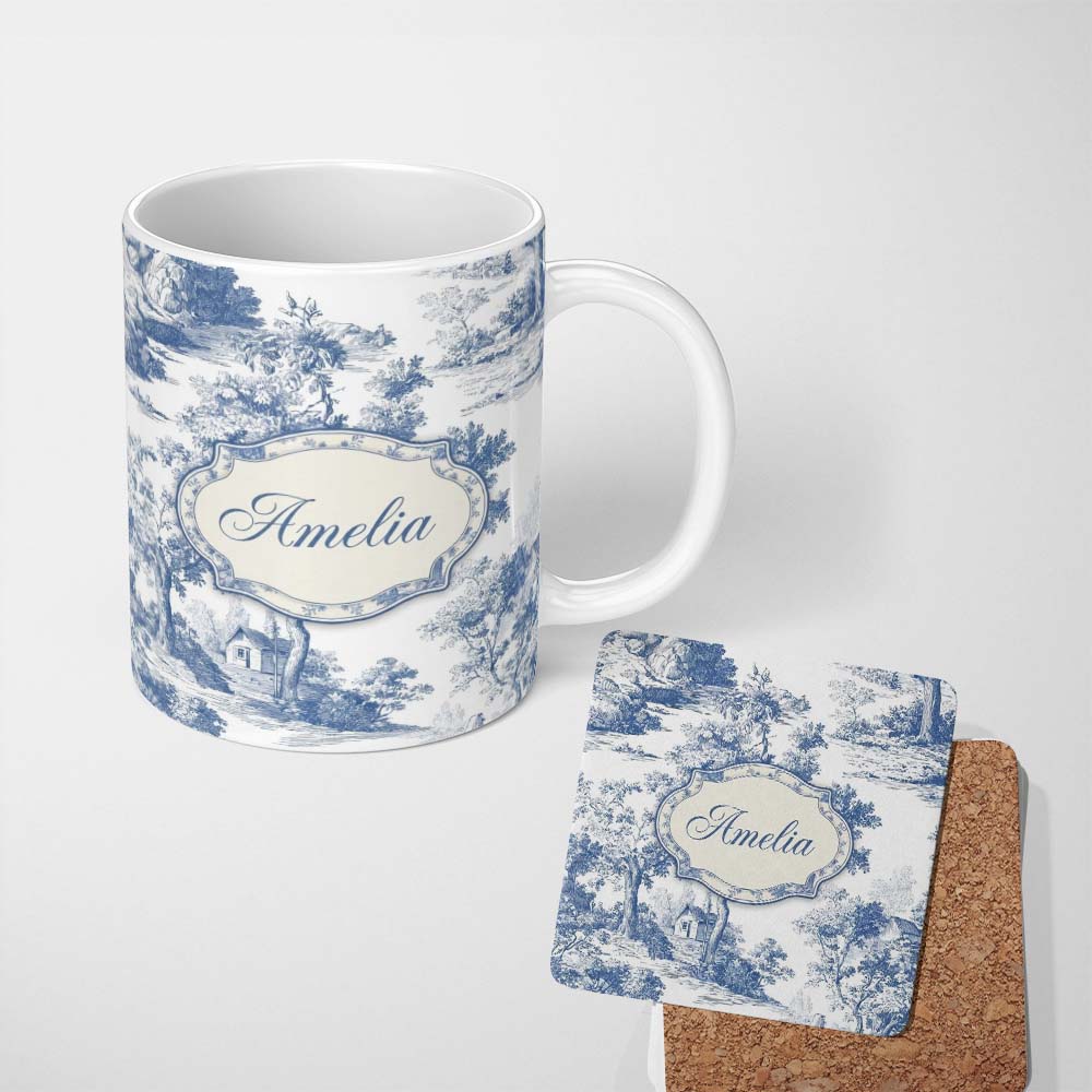 Personalized Custom Name Vintage Toile Tree Botanical Landscape Scene Blue White Seamless 11oz Ceramic Coffee Tea Mug White Large Handle