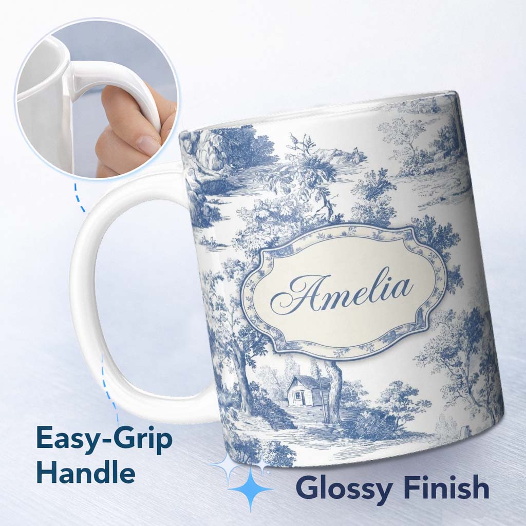 Personalized Custom Name Vintage Toile Tree Botanical Landscape Scene Blue White Seamless 11oz Ceramic Coffee Tea Mug White Large Handle