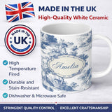 Personalized Custom Name Vintage Toile Tree Botanical Landscape Scene Blue White Seamless 11oz Ceramic Coffee Tea Mug White Large Handle
