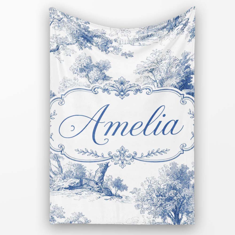 Vintage Toile Pastoral Countryside Village Scene Blue White  Personalised Custom Name Super Soft Fleece Blanket Bed Sofa Throw