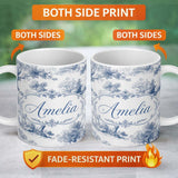 Personalized Custom Name Vintage Toile Pastoral Countryside Village Scene Blue White 11oz Ceramic Coffee Tea Mug White Large Handle
