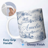Personalized Custom Name Vintage Toile Pastoral Countryside Village Scene Blue White 11oz Ceramic Coffee Tea Mug White Large Handle