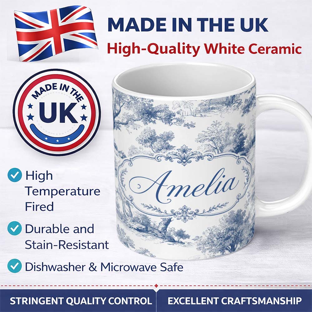 Personalized Custom Name Vintage Toile Pastoral Countryside Village Scene Blue White 11oz Ceramic Coffee Tea Mug White Large Handle