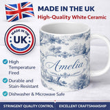 Personalized Custom Name Vintage Toile Pastoral Countryside Village Scene Blue White 11oz Ceramic Coffee Tea Mug White Large Handle