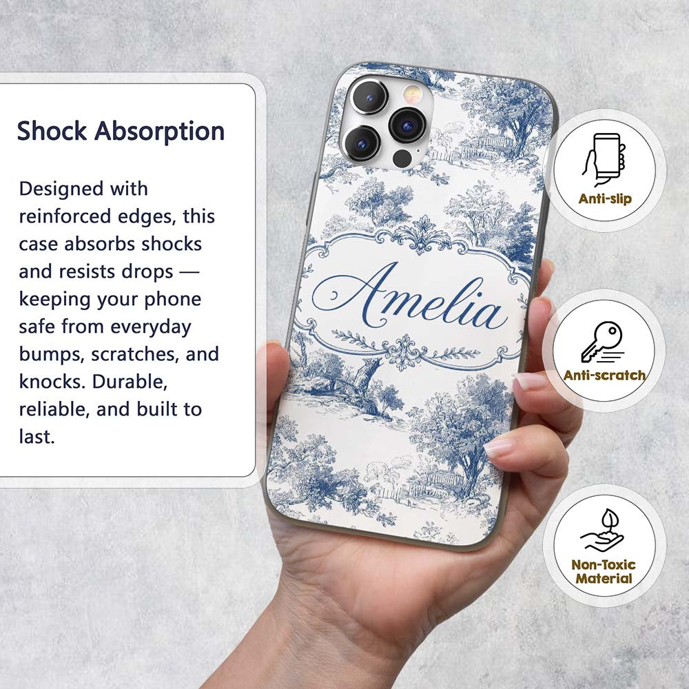 Vintage Toile Pastoral Countryside Village Scene Custom Name Protective Phone Case Mobile Cover Durable Everyday Smartphone Shock Resistant