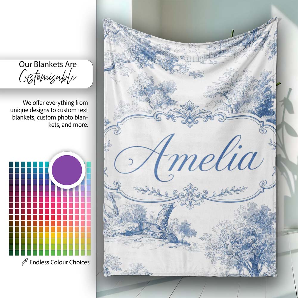 Vintage Toile Pastoral Countryside Village Scene Blue White  Personalised Custom Name Super Soft Fleece Blanket Bed Sofa Throw