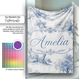 Vintage Toile Pastoral Countryside Village Scene Blue White  Personalised Custom Name Super Soft Fleece Blanket Bed Sofa Throw